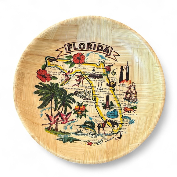Vintage Florida Landmark Bamboo woven Serving bowl boho Kitschy - Picture 1 of 3